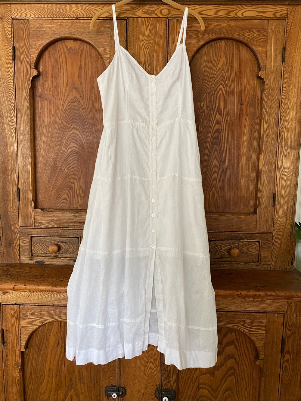 A.L.C. white linen midi sundress dress 12 spaghetti strap button alc a l c